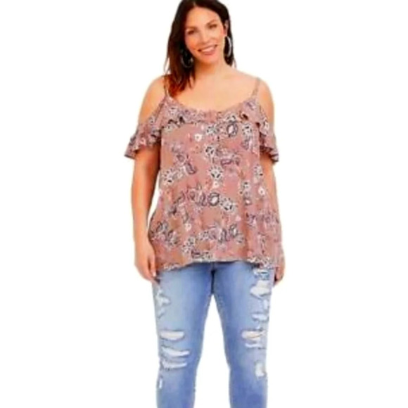 Torrid Walnut Paisley Gauze Cold Shoulder Top Size 3X Plus Size - Picture 11 of 12